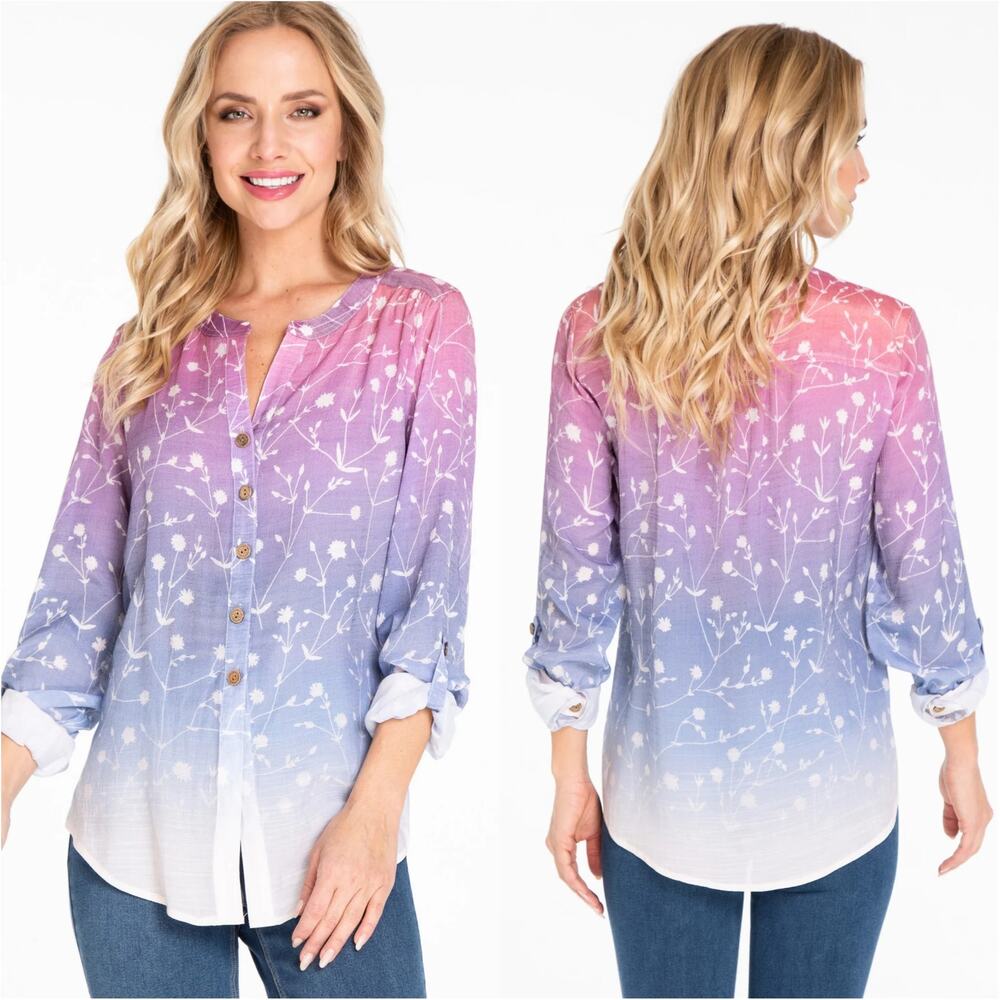Multiples Medium Women's Ombre Print Button Up Top Roll Tab Sleeves